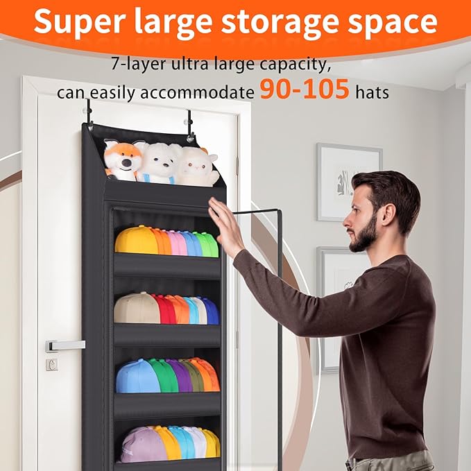 Toread 7-Layer Door-Mounted Baseball Cap Organizer, Dust-Proof Hat Rack Holds - Image 4