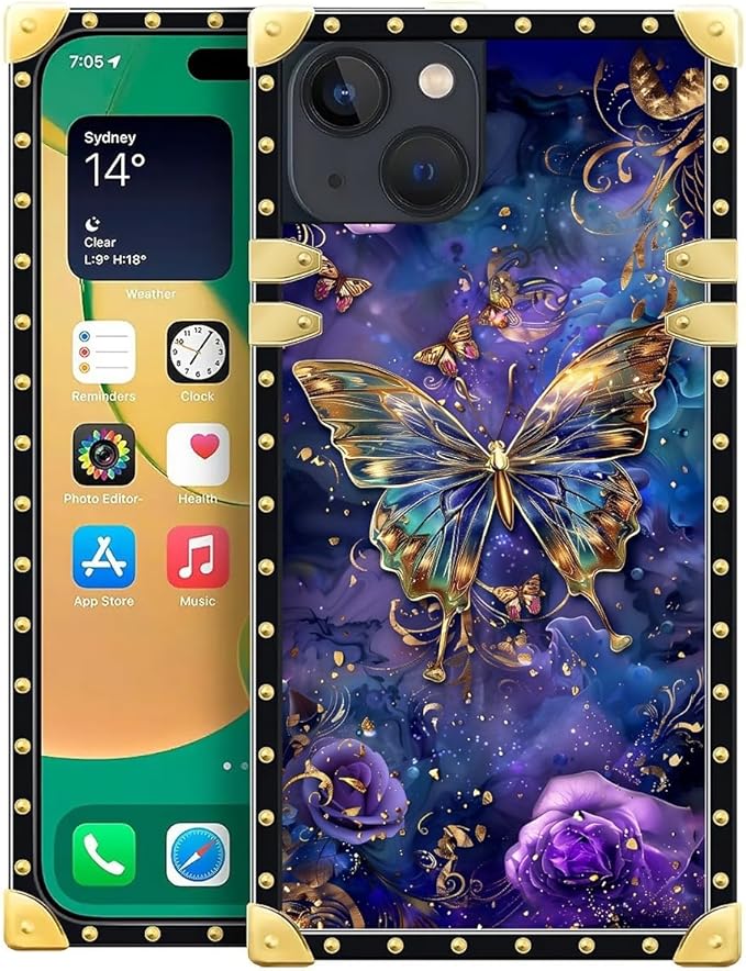 Compatible with iPhone 14 Case, Glistening Golden Butterfly Vibrant Purple Blue by Unknown