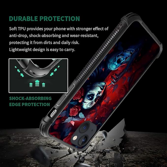 for iPhone 14 Case, Skull Lady Rose Pattern Graphic Design Girl Boy Soft - Image 7