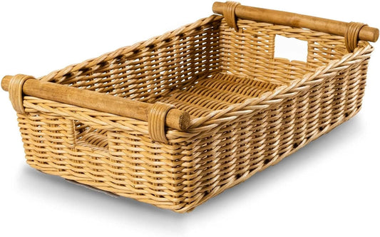 The Basket Lady Low Pole Handle Wicker Storage Basket, Large, 19.5 in L x 12.5 in W x 6 in H, Sandstone