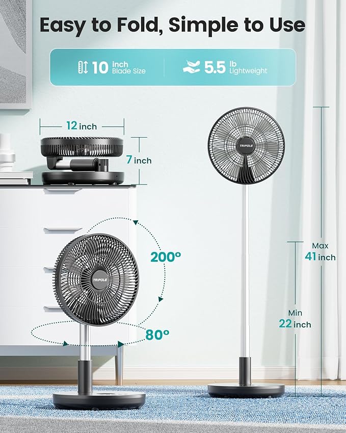 TriPole Foldable Standing Fan 12" Portable Rechargeable Battery Pedestal Fan - Image 4