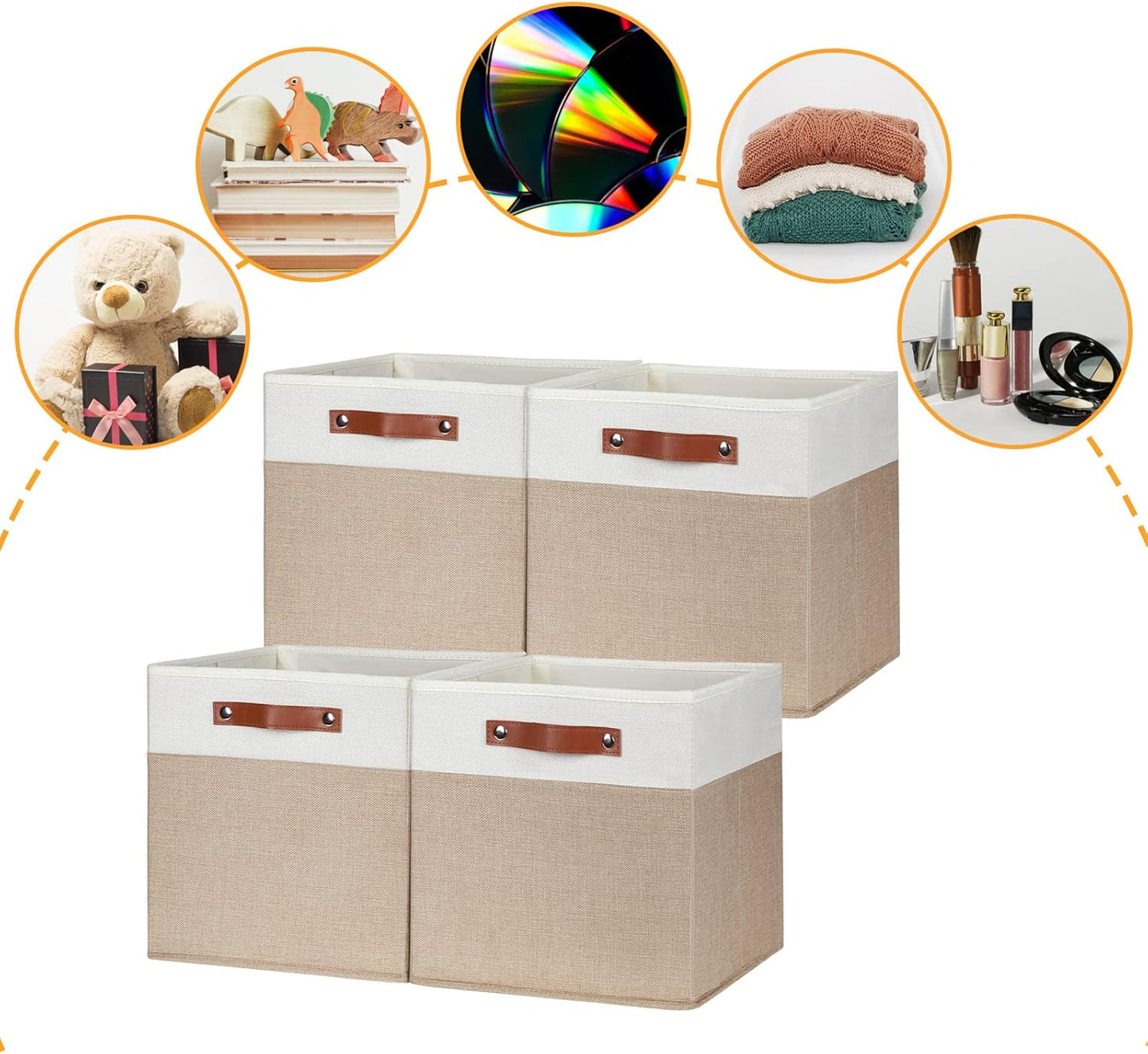 DULLEMELO Cube Storage Bins,13 x 13 x 13 inch Fabric Storage Cubes for Organizing,Collapsible foldable Linen Canvas Closet Storage Bins for Shelves Closet Bedroom Toys Home Office(White&Khaki-4 Pack)