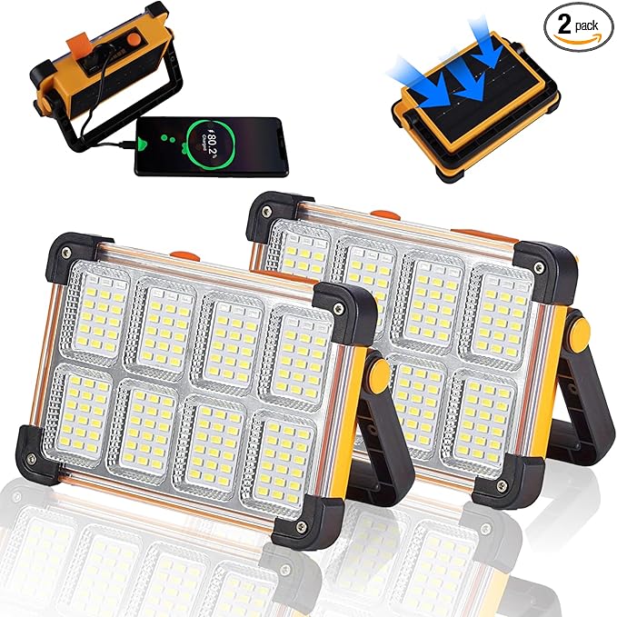 2 Pack 120W Solar Rechargeable Work Light, 144 LED 10000LM Portable Flood Light by YXQUA