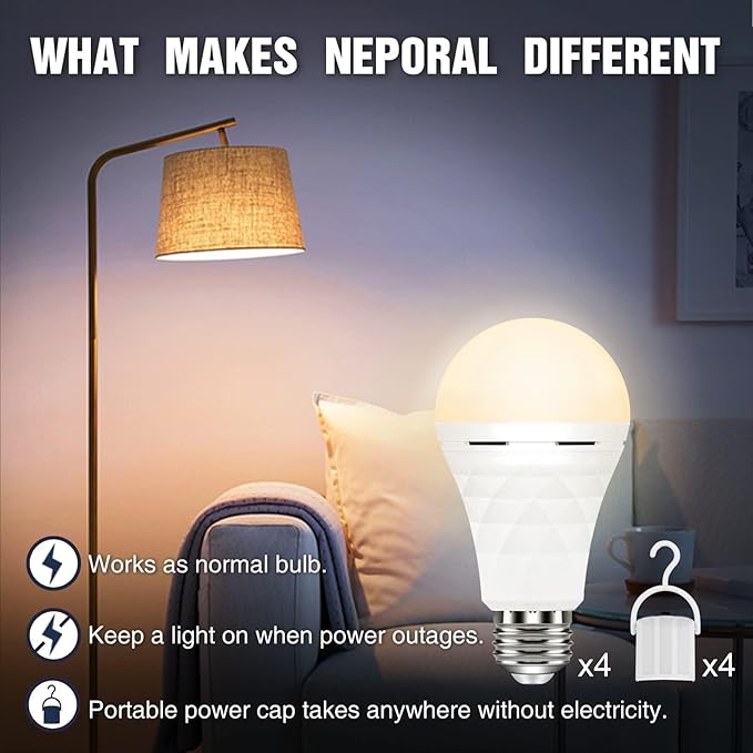 Neporal A19 Rechargeable Light Bulbs, Socket Rechargeable Emergency Light Bulb - Image 2