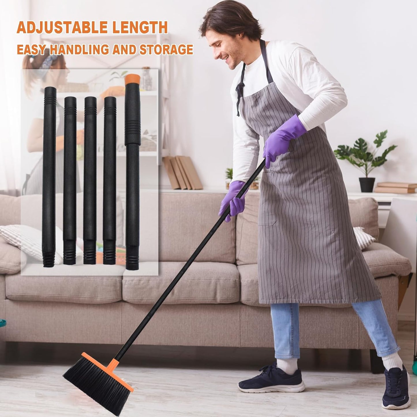Small Broom Stiff Bristles Brush with Long Handle Indoor or Outdoor Compact Broom for Sweeping Patio Garage Garden,Deck,Concrete Floor,Bathroom (Orange)