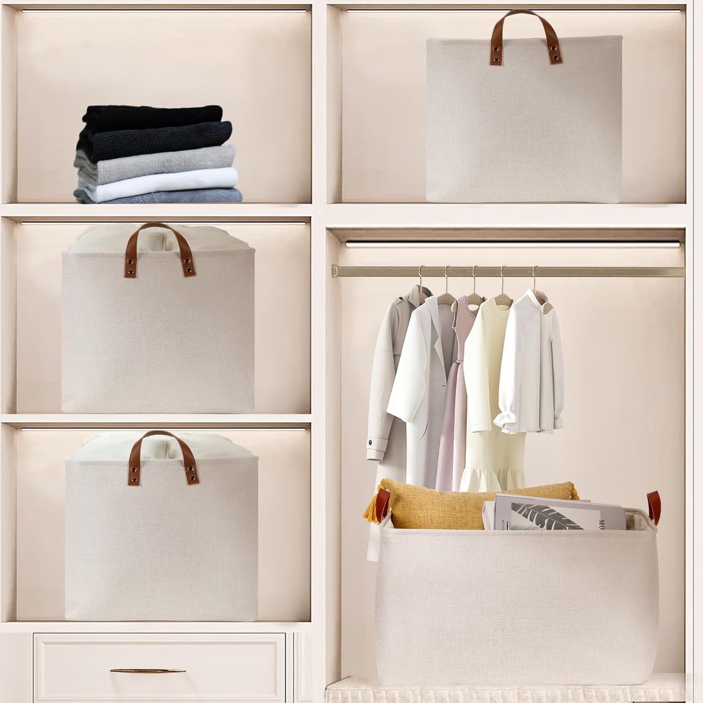 DULLEMELO Large Beige Storage Basket 70L Oversized Canvas Fabric Storage Bin, Collapsible Rectangular Toys Basket Organizer with Handles, 22X15 Storage Container for Clothes, Blankets, Pillows