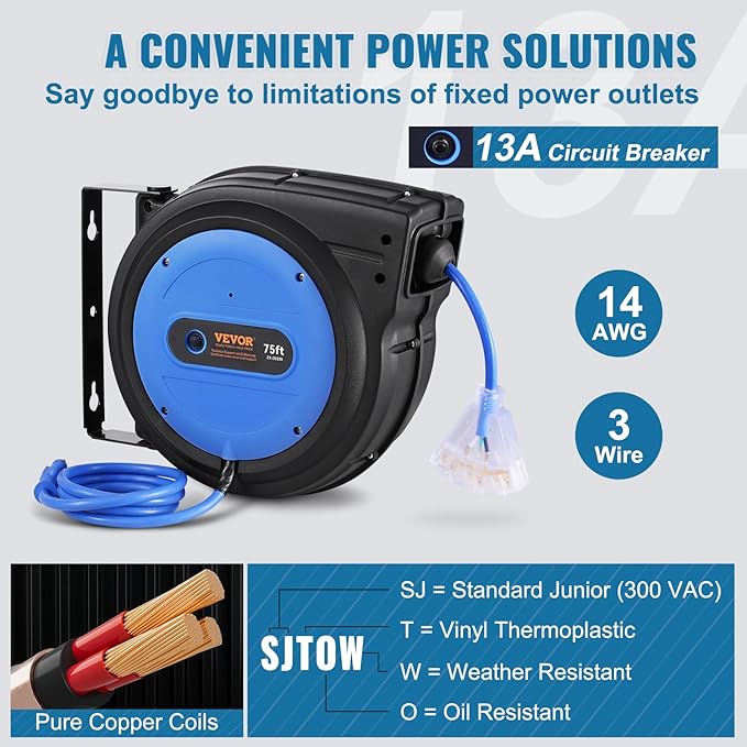 VEVOR 75FT Retractable Extension Cord Reel, 14AWG/3C SJTOW Heavy Duty Power - Image 4