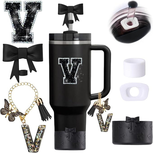 6pcs Black Stanley Cup Accessories Set, Bow Straw Topper by MOTEERLLU
