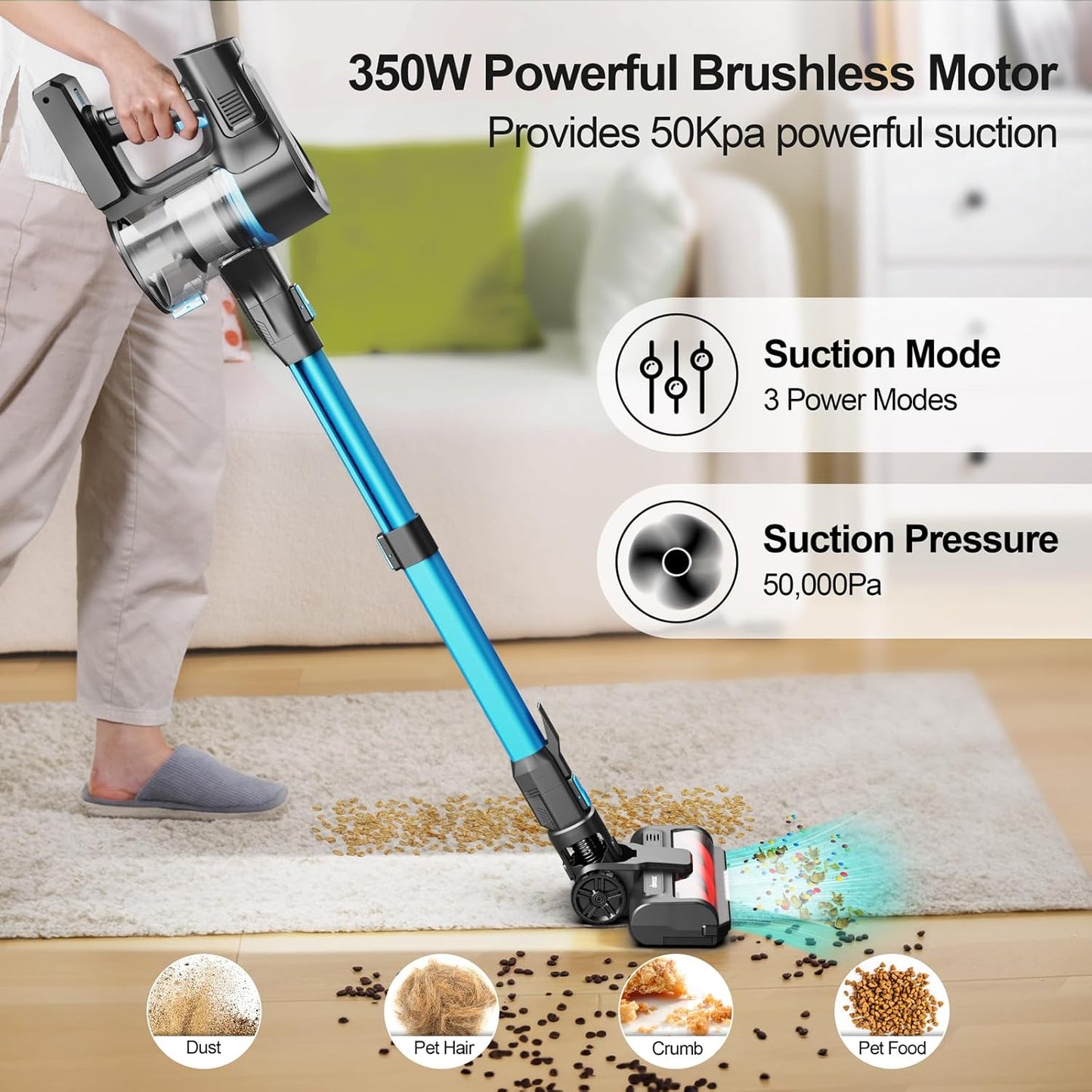 DEVOAC S11 Cordless Vacuum Cleaner, 50Kpa 50 Mins Vacuum Cleaners for Home,8 in 1 Lightweight Stick Vacuum with Self-Standing, Powerful Rechargeable Vacuum for Carpets, Pet Hair, Hardwood Floors