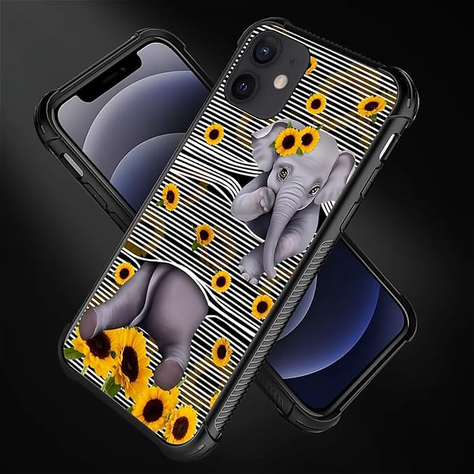 for iPhone 12 Mini Case, Cute Little Elephant Sunflower White Line Art Pattern - Image 6