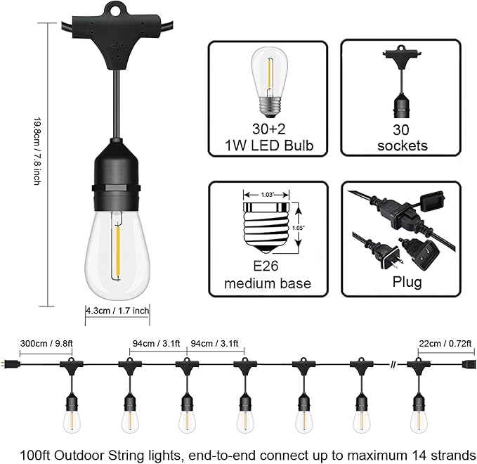 Outdoor String Lights LED 100FT Commercial Grade Heavy Duty Light String Lights - Image 2