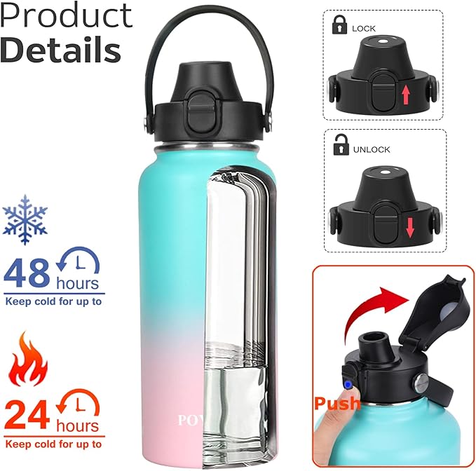 Water Bottle Insulated 32oz 40oz 64oz 128oz Straw Lid Spout Lid & 3 Lids - Image 2