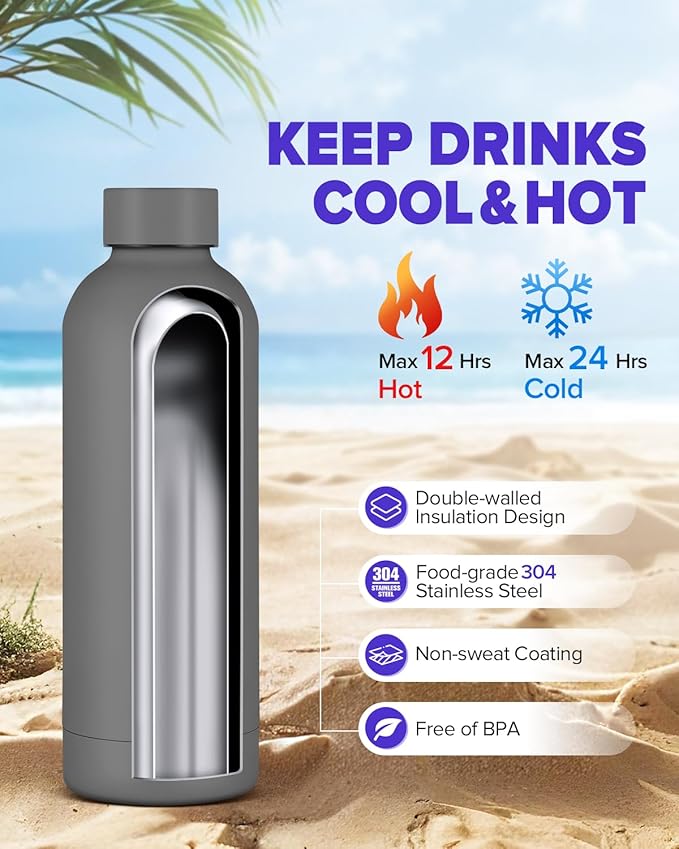 Insulated Water Bottle with Lid, 17 oz Reusable Leak-Proof Metal Stainless - Image 2