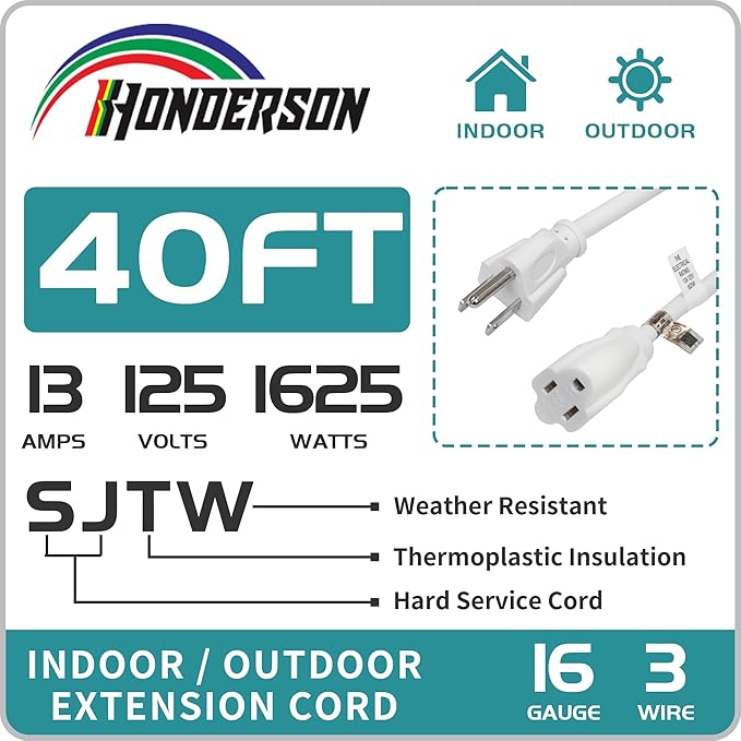 Indoor Outdoor Extension Cord Weatherproof, UL Listed, 16 Gauge 40FT White 3 - Image 3