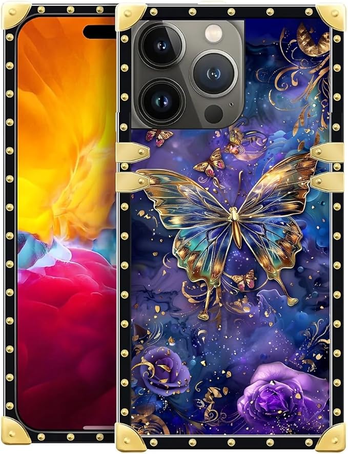 Compatible with iPhone 15 Pro Case, Glistening Golden Butterfly Vibrant Purple by Unknown