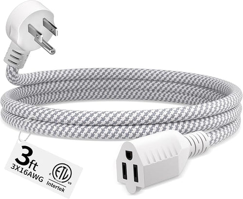 16 Gauge Braided Extension Cord 3 FT, 16/3 Flat Plug Power Cord Indoor by Seeklyze
