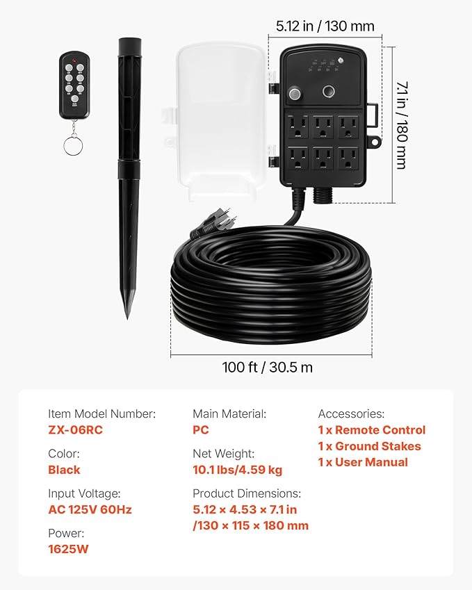 VEVOR Outdoor Power Stake Timer, 100FT Extension Cord, Remote Control Outdoor - Image 7