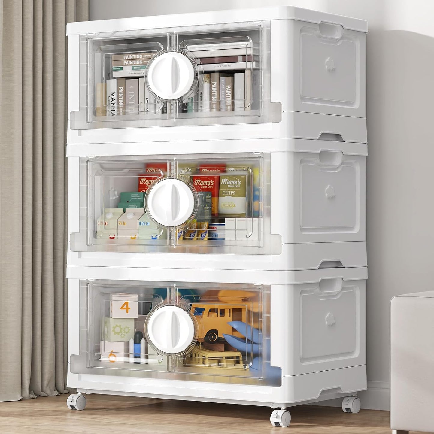 BROVIEW 360Qt Lockable Stackable Storage Bins with Lids, Closet Organizers and Storage Drawer, Collapsible Storage Bin with Wheels, Plastic Cabinet for Toy Clothes Dorm Organizer, V9 3 Pack White