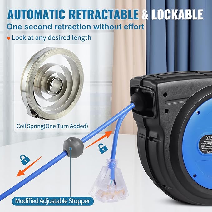 VEVOR 80FT Retractable Extension Cord Reel, 12AWG/3C SJTOW Heavy Duty Power - Image 5