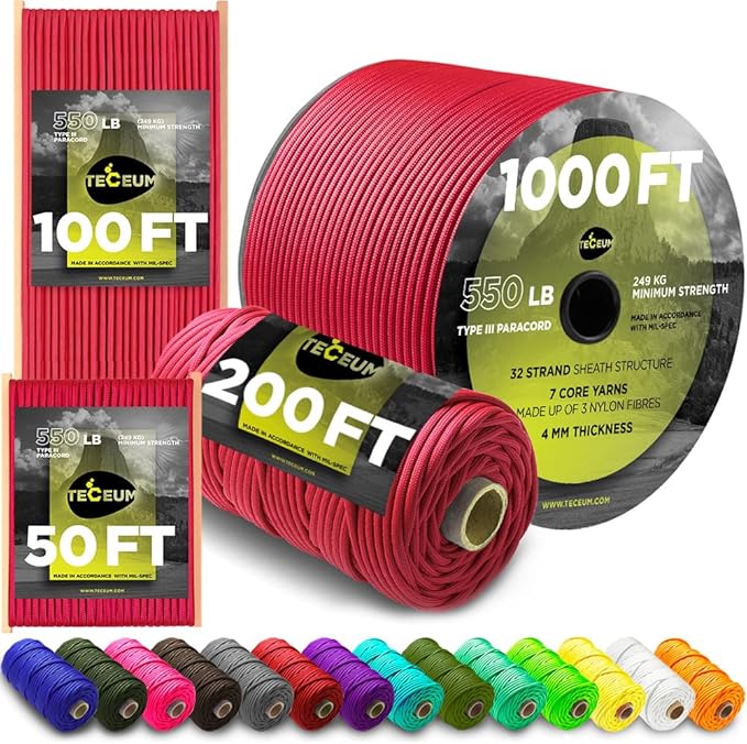 TECEUM 5/32" Paracord Rope 1000 – 1000ft / 200ft / 100ft / 50ft – Tactical by TECEUM