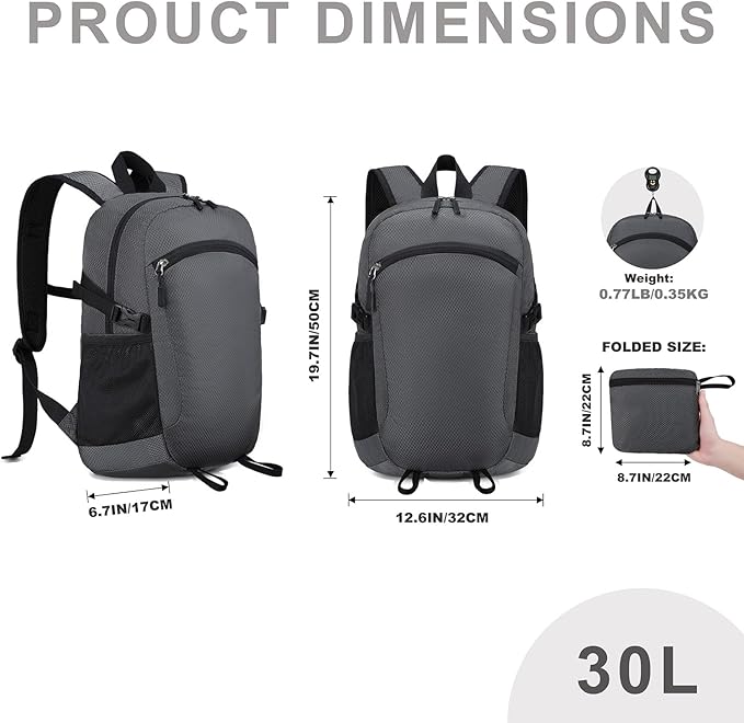 Lightweight Hiking Backpack 30L Packable Foldable Daypack Collapsible Travel - Image 7