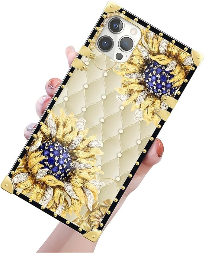 Compatible with iPhone 12 12 Pro Case, Sunflower Diamonds Leather Luxury Golden - Image 3