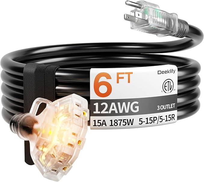 6 ft 12 Gauge 3 Outlet Extension Cord Splitter by Deeklify