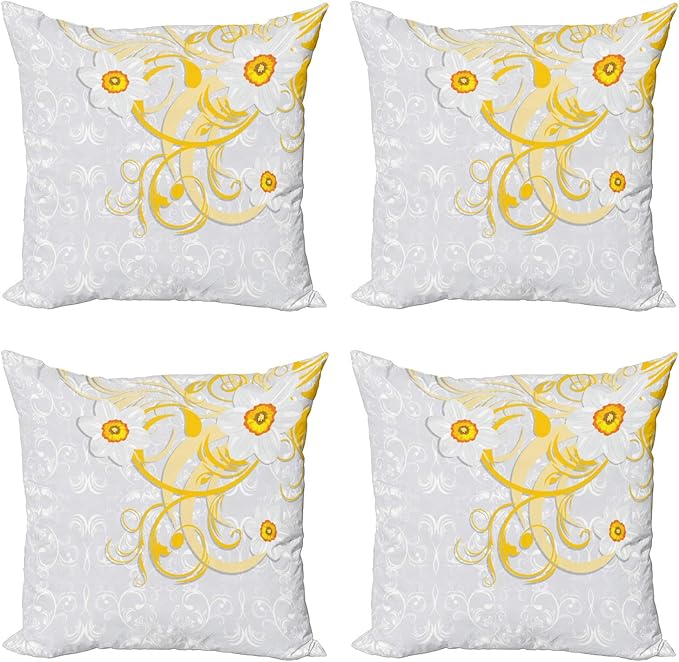 Ambesonne Daffodil Throw Pillow Cushion Case Pack of 4, Daffodils on Ornate by Ambesonne