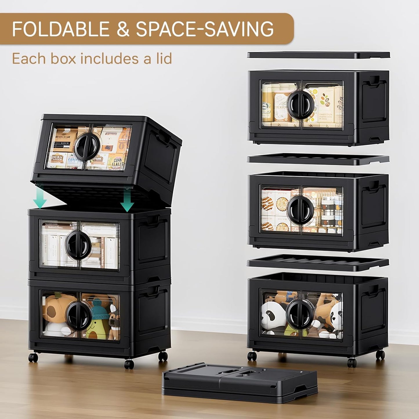 JEKO&JEKO 249Qt Lockable Stackable Storage Bins with Lids, Collapsible Closet Organizer with Wheels, Plastic Cabinet Drawer for Clothes, Dorm Room 3 Pack (Black)