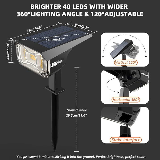 LEREKAM 3 Brightness Modes Solar Outdoor Lights, 360 Degree Adjustable Lighting - Image 6