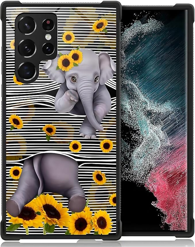 for Samsung Galaxy S23 Ultra Case, Cute Little Elephant Sunflower White Line by FKBRCL4U