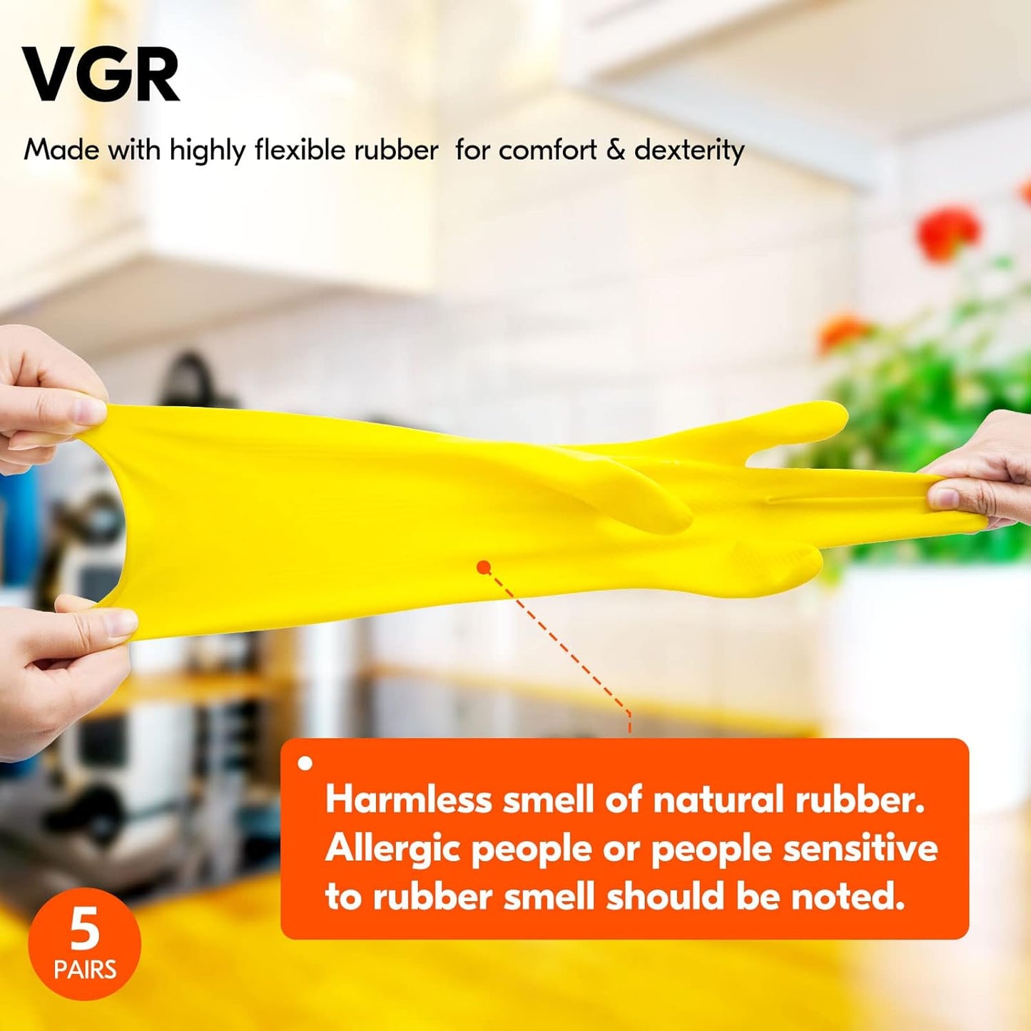 Vgo... 5-Pairs Reusable Household Gloves, Rubber Dishwashing gloves, Extra Thickness, Long Sleeves, Kitchen Cleaning, Working, Painting, Gardening, Pet Care (Size S, Yellow, HH4601)