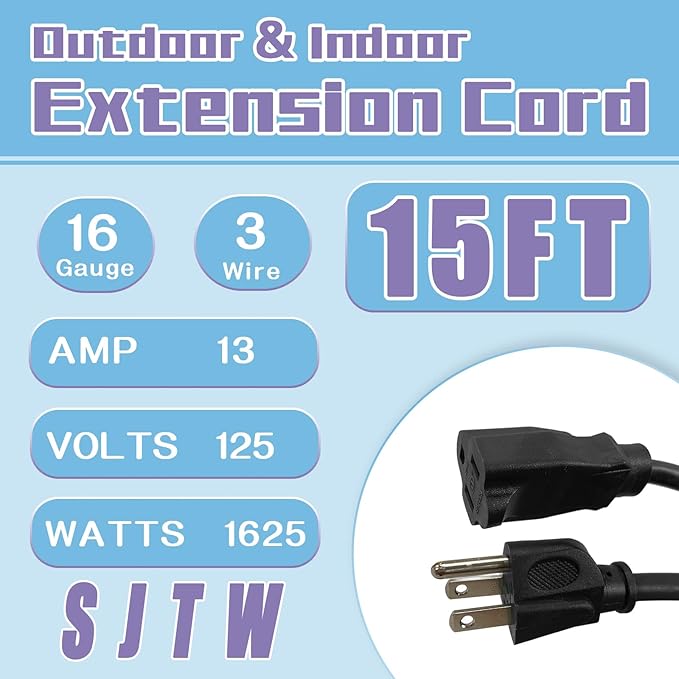 Indoor Outdoor Extension Cord 15 FT, 16/3 SJTW Weatherproof Black Electrical - Image 2