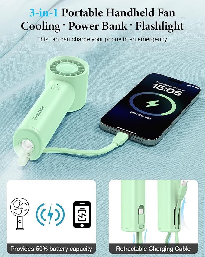 Portable Handheld Fan with Power Bank, 3 IN 1 USB Rechargeable Mini Personal - Image 3