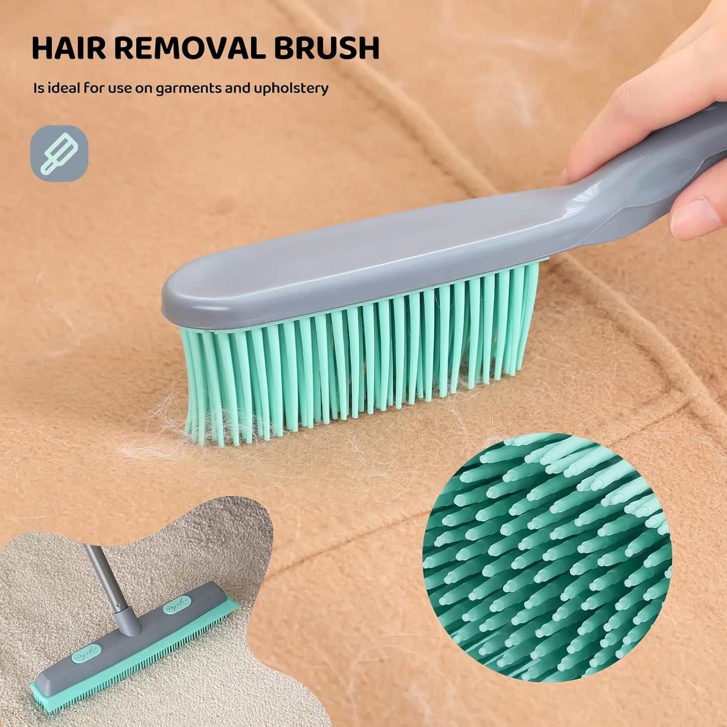 Conliwell Rubber Broom Carpet Rake for Pet Hair, Fur Remover Broom with Squeegee, Portable Detailing Lint Remover Brush (Iron Handle)