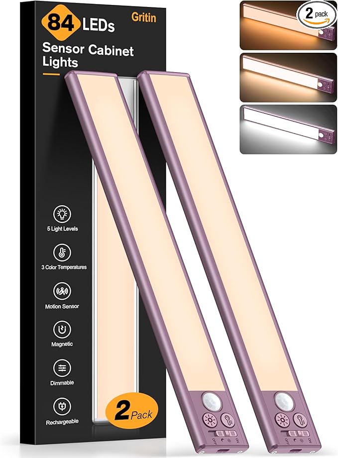 Gritin 10.2inch Under Cabinet Lighting Rechargeable 2 Pack- 3 Color Temps&5 by Gritin