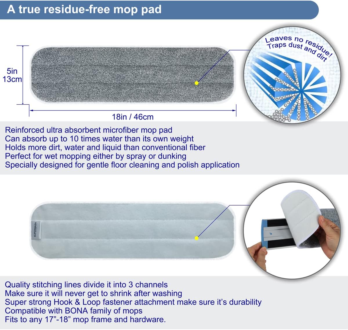 Replacement Microfiber Mop Pads - 18''x5'' Wet Dry Floor Cleaning Pad Compatible with Bona Floor Care System, Reusable Mop Refill Fits 17” to 18” Flat Mop - 4 Pack