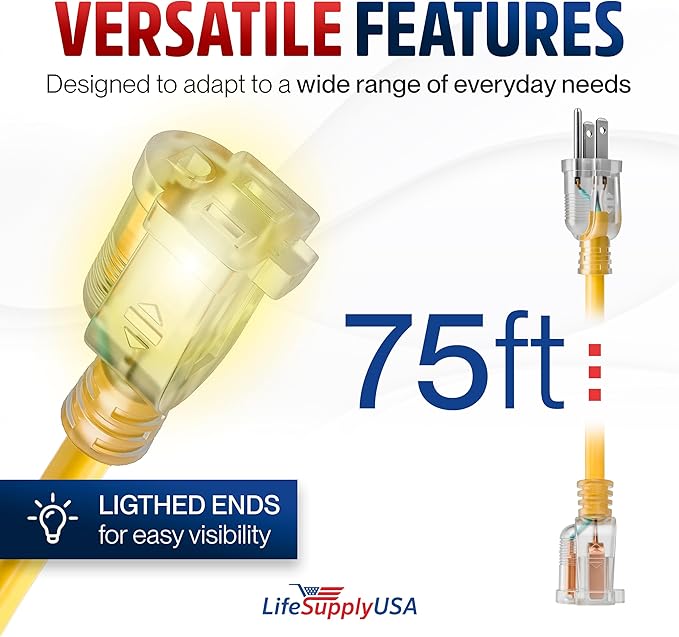 75ft Outdoor/Indoor Extension Cord 16/3 Gauge Heavy Duty 3 Prong SJTW, - Image 6