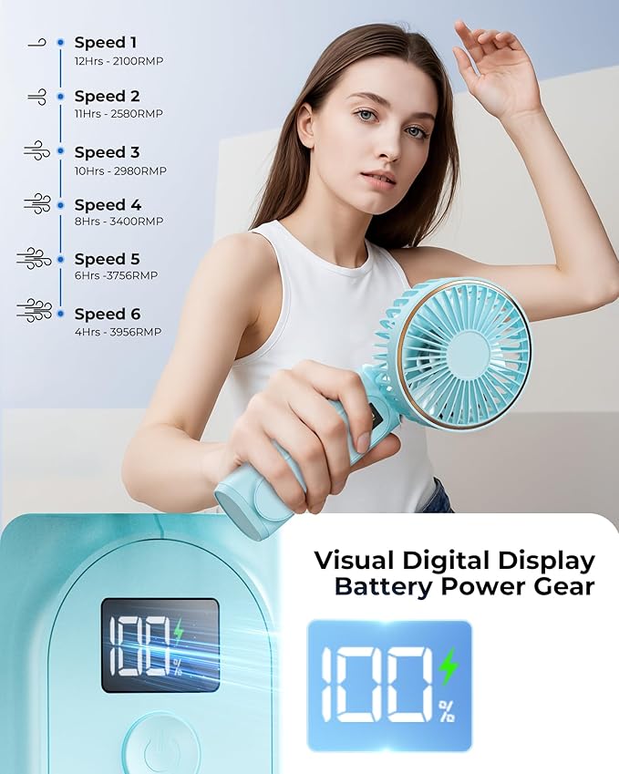 TUNISE Portable Handheld Fan, 180 Adjustable, 6 Speed Wind, USB Rechargeable - Image 5