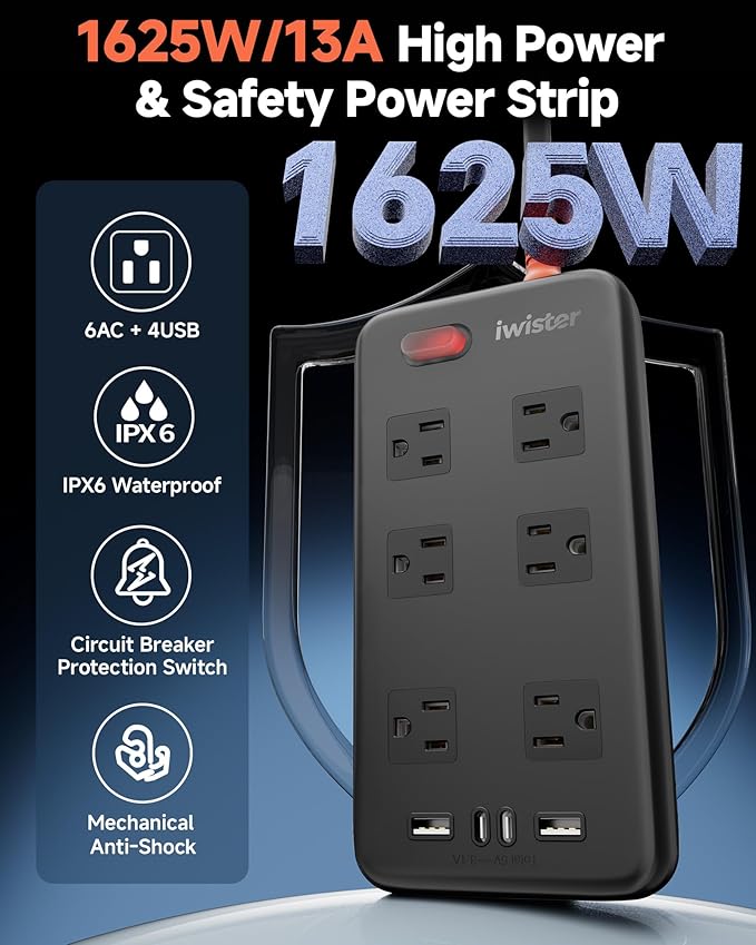 Outdoor Power Strip Waterproof IPX6, 15 Ft Extension Cord, 6 Wide Outlets & 4 - Image 3
