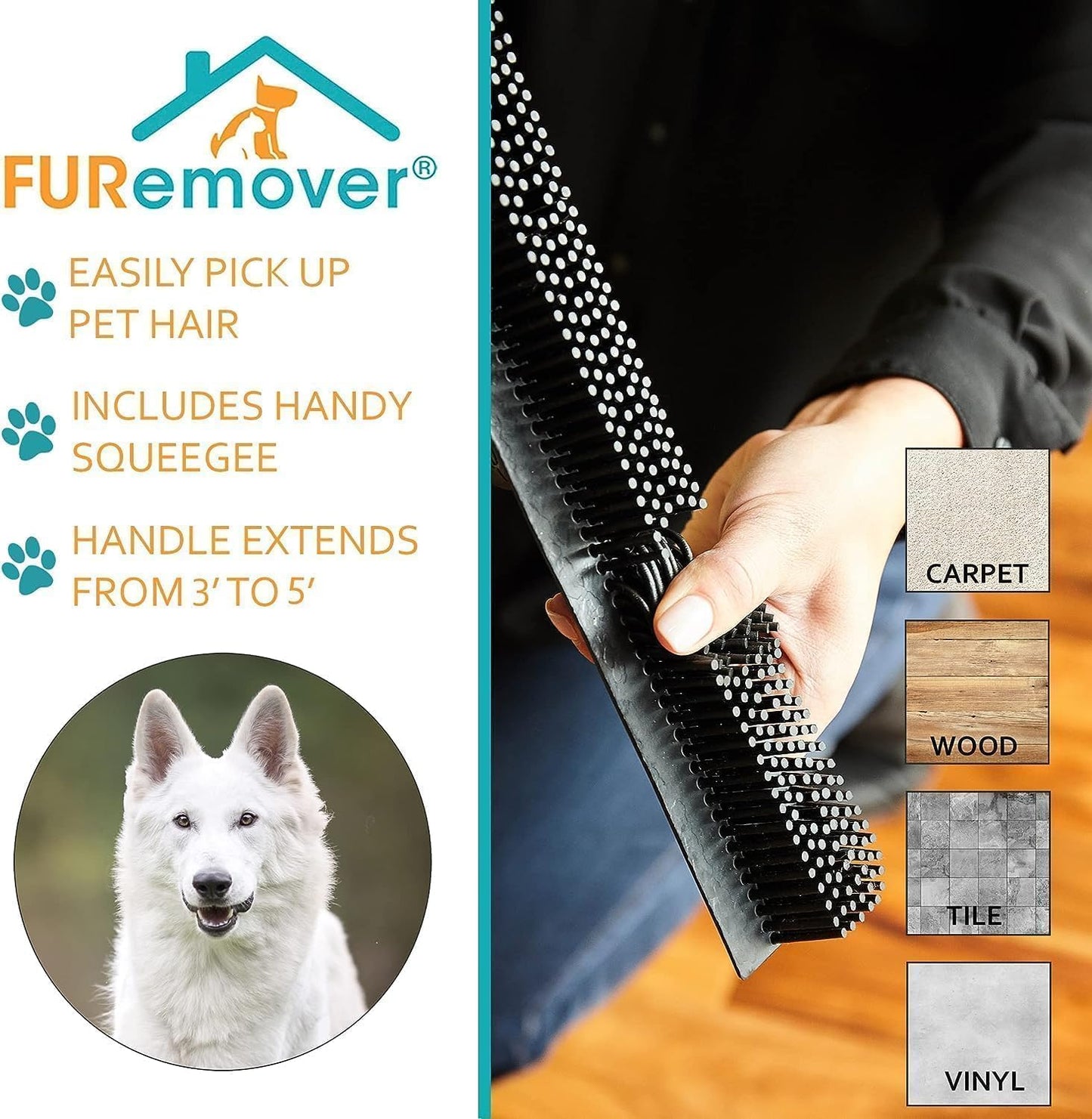 FURemover Original Pet Hair Rubber Broom with Squeegee, with 58" Telescopic Handle for Carpet, Tile and Hardwood