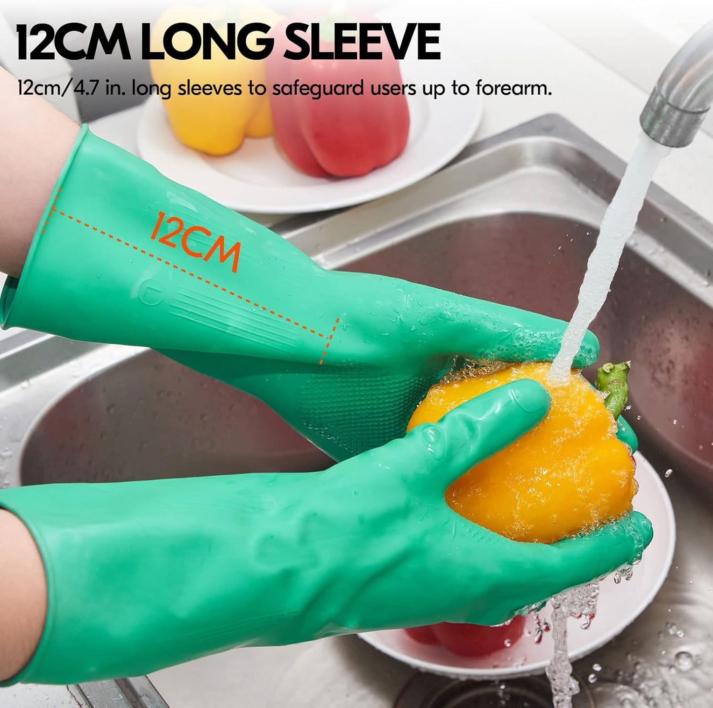 Vgo... 1-Pair Reusable Household Gloves, Rubber Dishwashing gloves, Extra Thickness, Long Sleeves, Kitchen Cleaning, Working, Painting, Gardening, Pet Care (Size M, Green, HH4601)