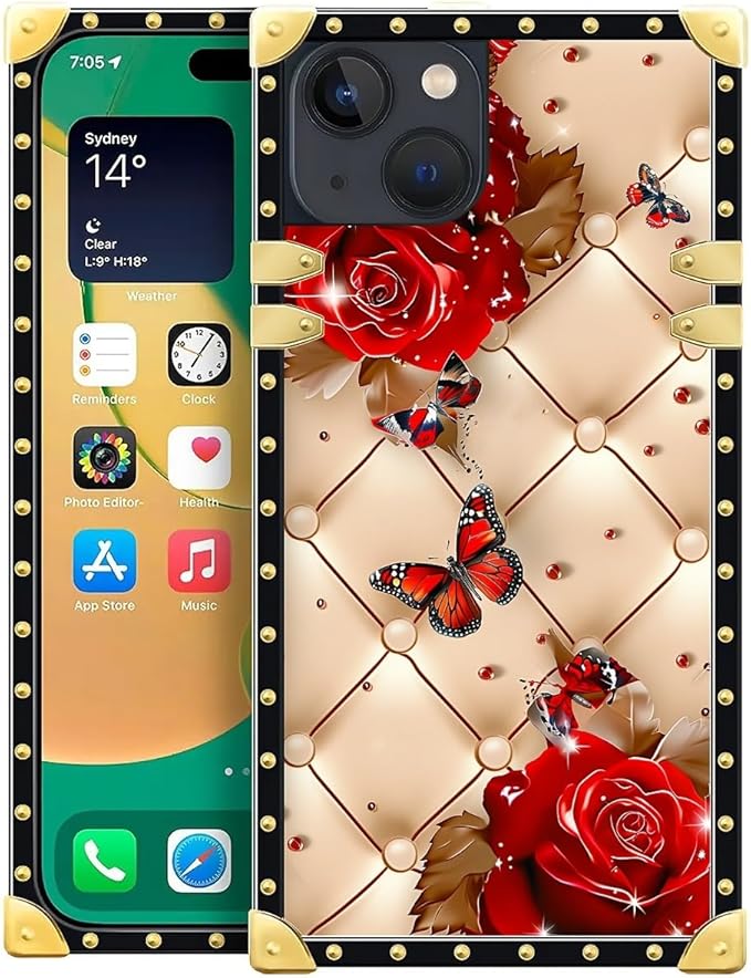 Compatible with iPhone 14 Case, Shining Red Rose Butterfly Leather Background by Unknown