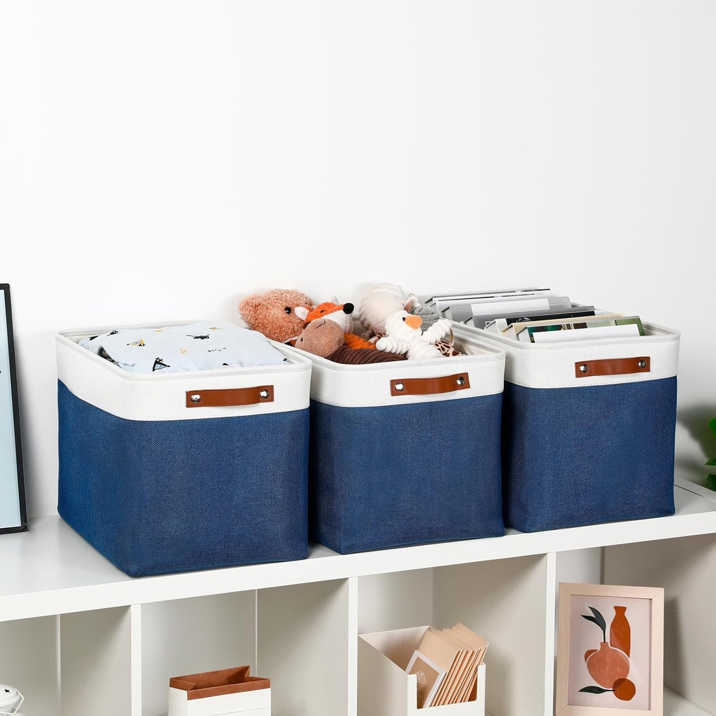 DULLEMELO Large Storage Baskets, Fabric Storage Bins for Organizing Foldable Linen Shelf Baskets for Clothes, Toys, Closet, Laundry (White&Blue,16"x12"x12"-1 Pack)