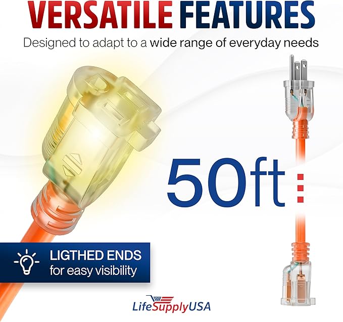 50ft Outdoor/Indoor Extension Cord 14/3 Gauge Heavy Duty 3 Prong SJTW, - Image 6