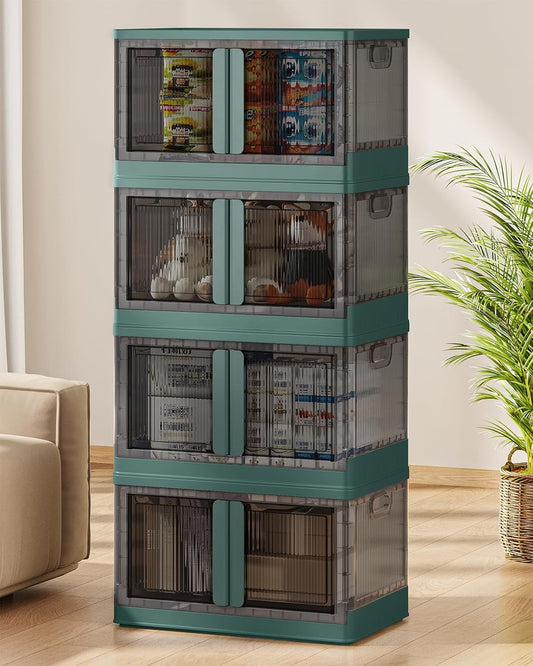 19Gal Collapsible Storage Bins with Lids & Wheels - 4 Pack Stackable with Doors, Heavy-Duty Plastic Containers for Home/Office, Green