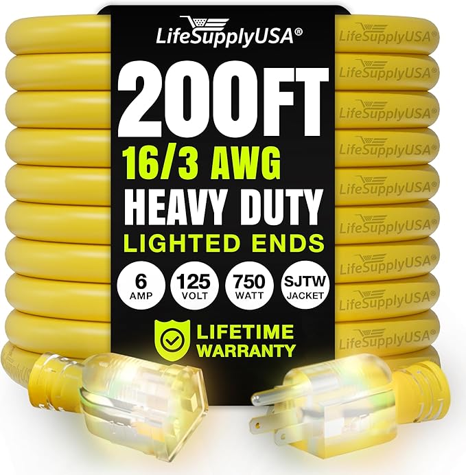 200ft Outdoor/Indoor Extension Cord 16/3 Gauge Heavy Duty 3 Prong SJTW by LifeSupplyUSA