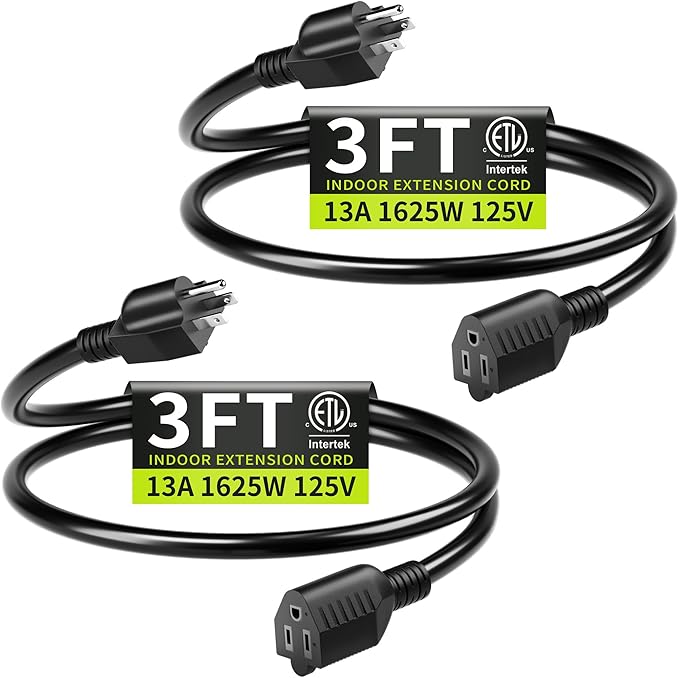 3FT 13A 125V 1625W ETL Listed, 16/3 Indoor Extension Cord Black, Short by Seeklyze