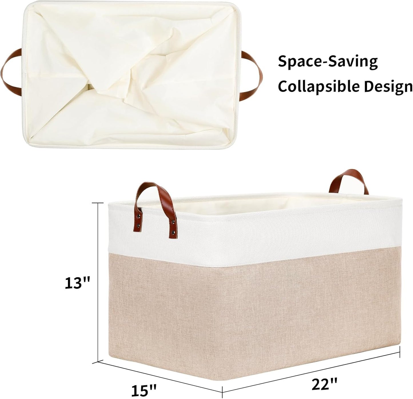 DULLEMELO 70L Extra Large Storage Bin, 22" x 15" x 13" Oversized Storage Basket, Collapsible Storage Box, Fabric Clothes Toys Blanket Basket for Shelves, Laundry, Nursery (White&Khaki)