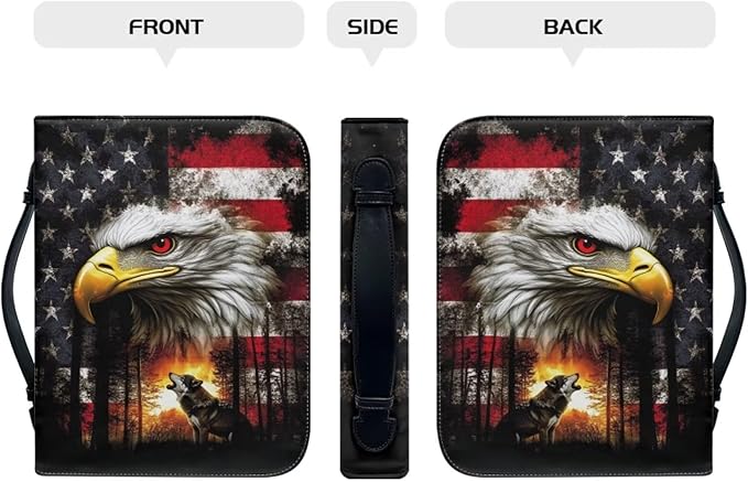 Medium Bible Cover Case for Women Men American Flag Wolf Bald Eagle Print PU - Image 2